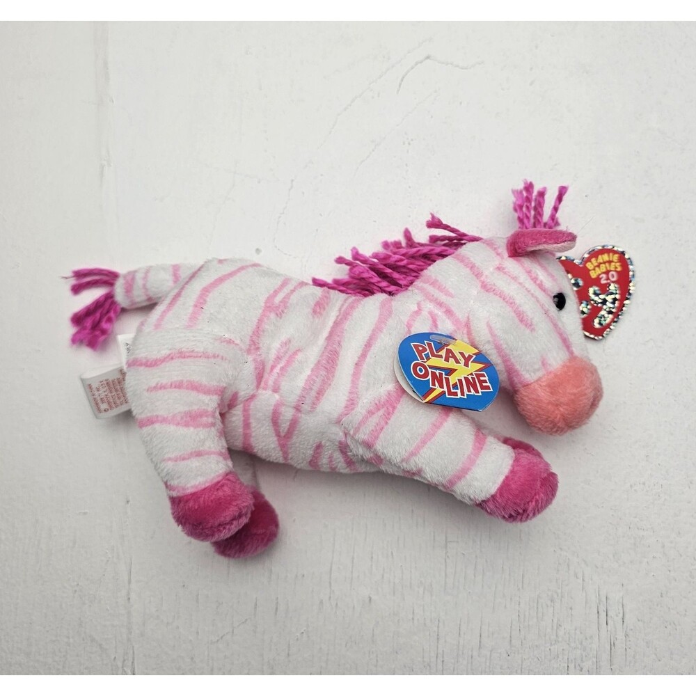 Ty Beanie Babies 2.0 Zebra Bubblegum Plush Pink & White Striped 2008 Unused Code